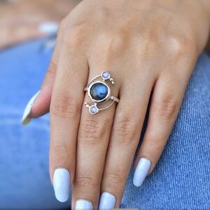 Sterling Silver Blue Labradorite & Moonstone Ring - Size 11